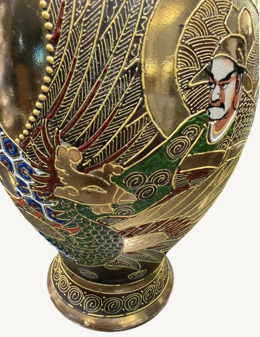 Vintage Japanese Satsuma Moriage Samurai Figural Vase 10